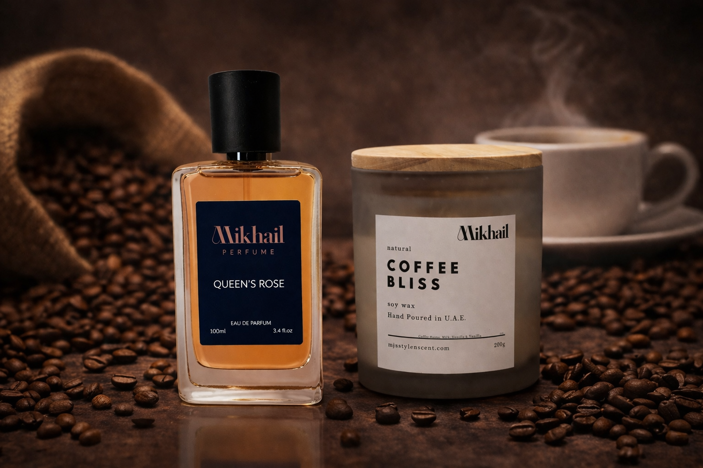 Mikhail Signature Duo – Queen’s Rose Perfume (100ML EDP) & Coffee Bliss Soy Candle 220g | Luxury Fragrance Combo
