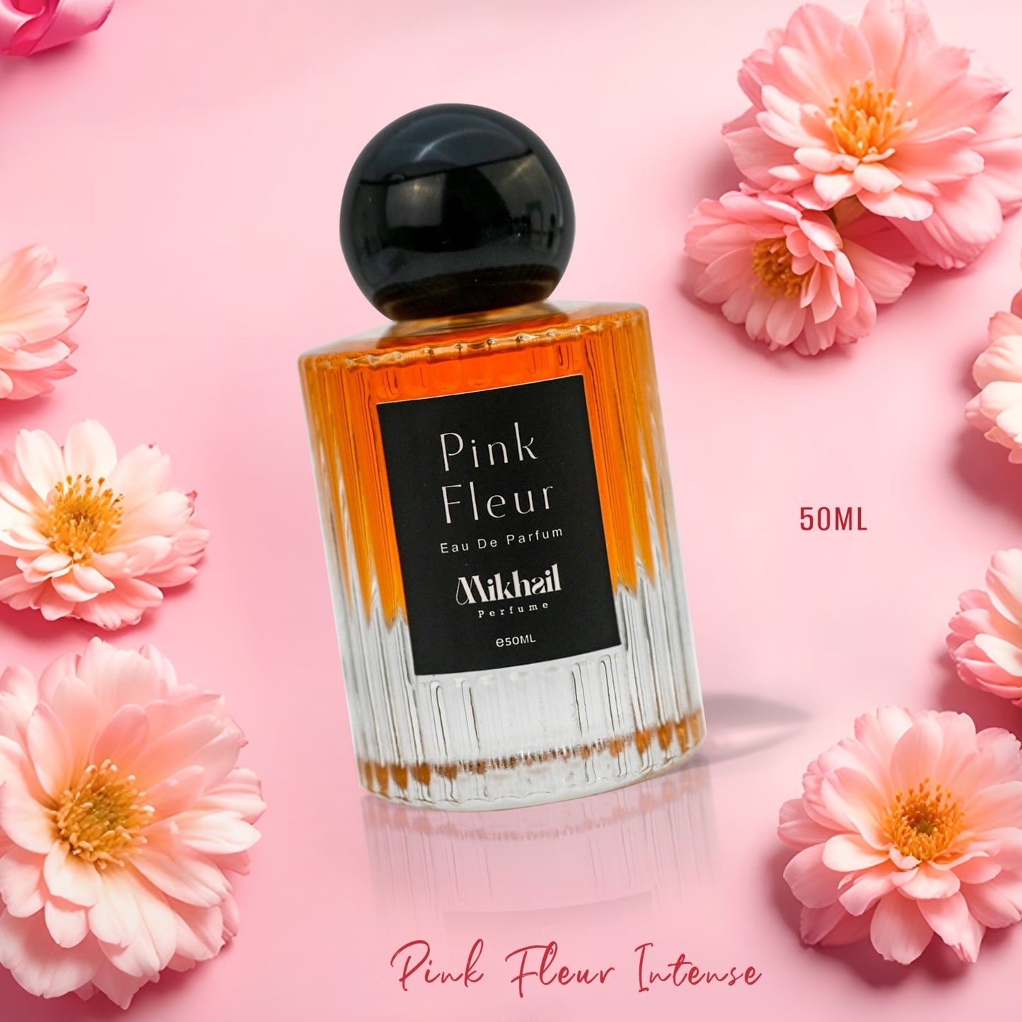 Pink Fleur by Mikhail EDP, Long Lasting, for women, elegant perfume bottle featuring green lilac, Sicilian lemon, peach blossom, red peony, and amber musk. Manufactured in UAE