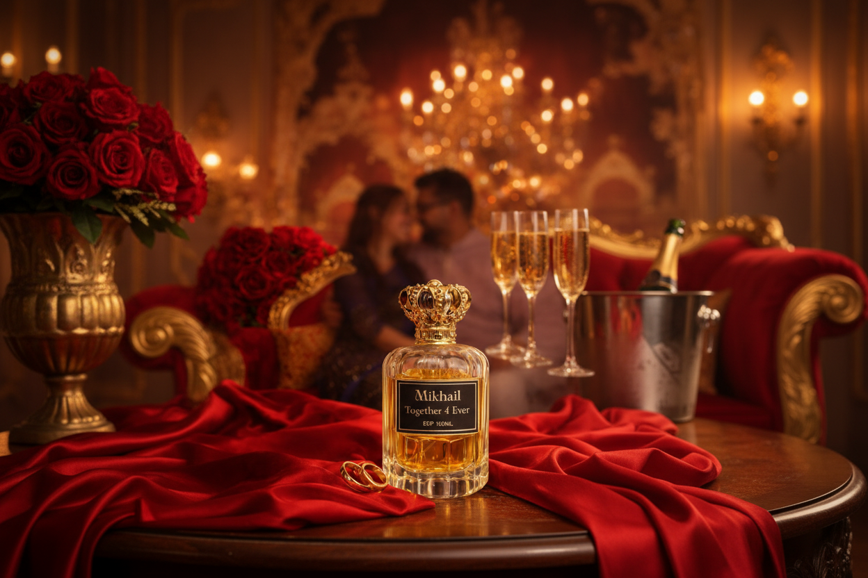 Romantic luxury perfume for couples, Mikhail Together 4 Ever fragrance with roses, rings and champagne, perfect anniversary gift UAE