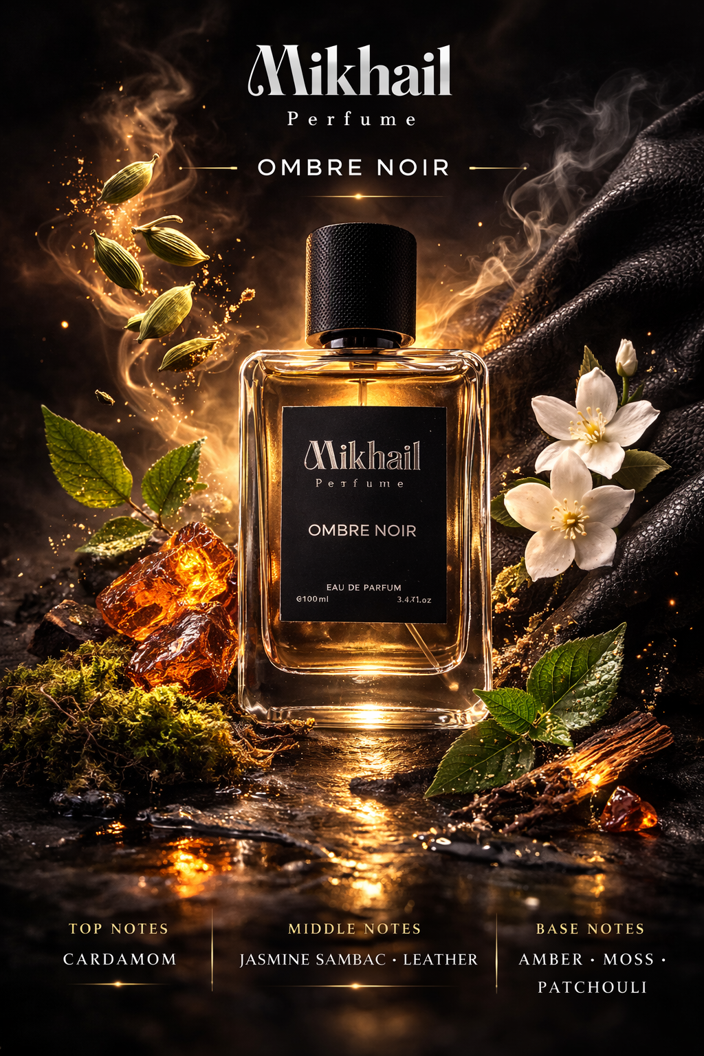 Ombre Noir Intense by Mikhail | 100ML| EDP Leather Fragrance| Long-lasting Luxury Fragrance UAE | fregreance notes view in detail. 