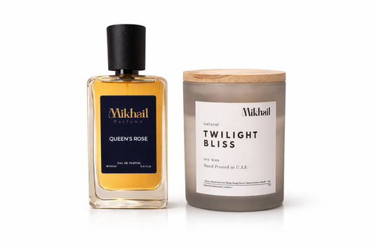 Queen’s Rose by Mikhail | 100ML| EDP & Twilight Bliss Soy Candle Combo 220g | Luxury Fragrance Gift Set UAE