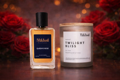 Queen’s Rose by Mikhail | 100ML| EDP & Twilight Bliss Soy Candle Combo 220g | Luxury Fragrance Gift Set UAE