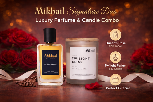 Queen’s Rose by Mikhail | 100ML| EDP & Twilight Bliss Soy Candle Combo 220g | Luxury Fragrance Gift Set UAE
