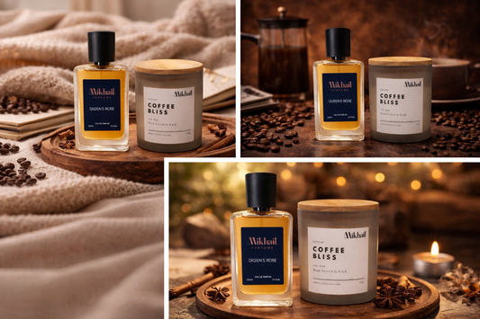 Mikhail Signature Duo – Queen’s Rose Perfume (100ML EDP) & Coffee Bliss Soy Candle 220g | Luxury Fragrance Combo