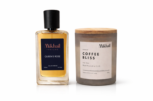 Mikhail Signature Duo – Queen’s Rose Perfume (100ML EDP) & Coffee Bliss Soy Candle 220g | Luxury Fragrance Combo