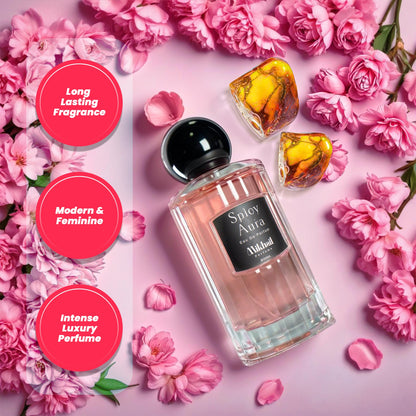 Shop Spicy Aura – a bold, long-lasting perfume for women in UAE. Warm, spicy, and elegant scent perfect for everyday luxury. side view