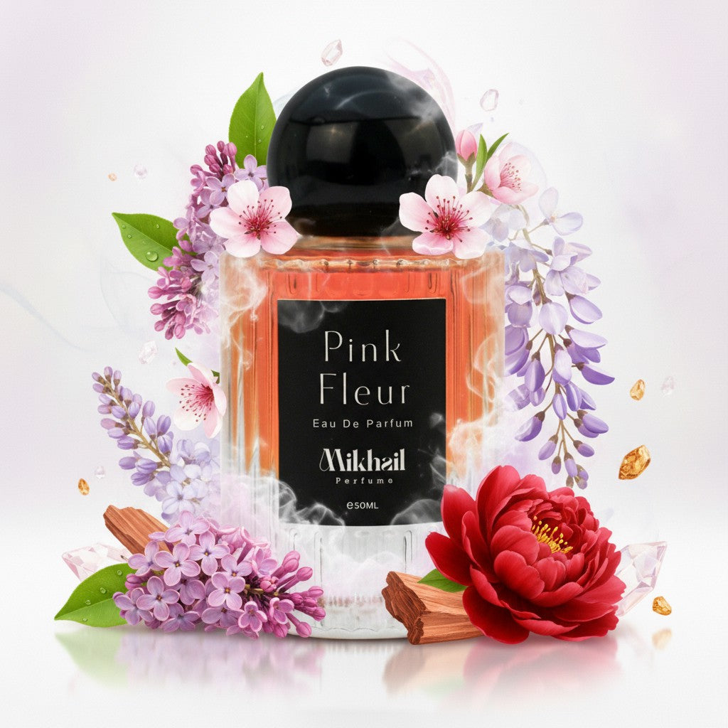 Pink Fleur by Mikhail EDP, Long Lasting, for women, elegant perfume bottle featuring green lilac, Sicilian lemon, peach blossom, red peony, and amber musk. Manufactured in UAE.