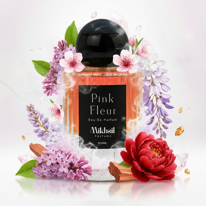 Pink Fleur by Mikhail EDP, Long Lasting, for women, elegant perfume bottle featuring green lilac, Sicilian lemon, peach blossom, red peony, and amber musk. Manufactured in UAE.
