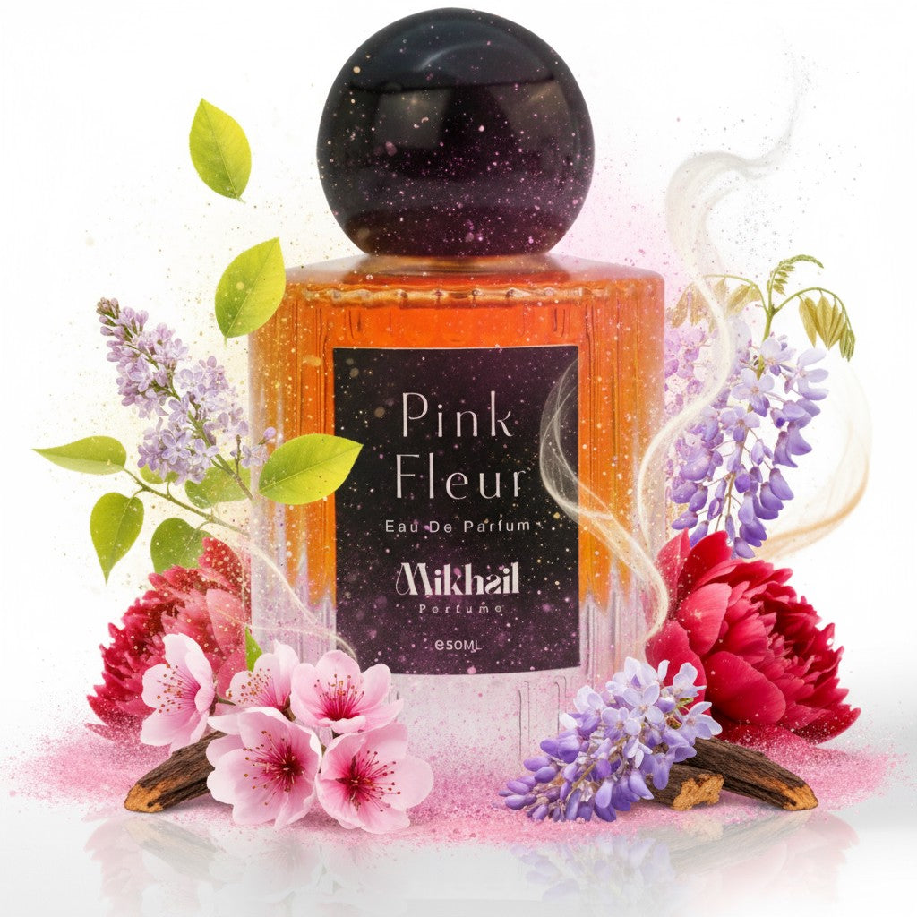 Pink Fleur by Mikhail EDP, Long Lasting, for women, elegant perfume bottle featuring green lilac, Sicilian lemon, peach blossom, red peony, and amber musk. Manufactured in UAE