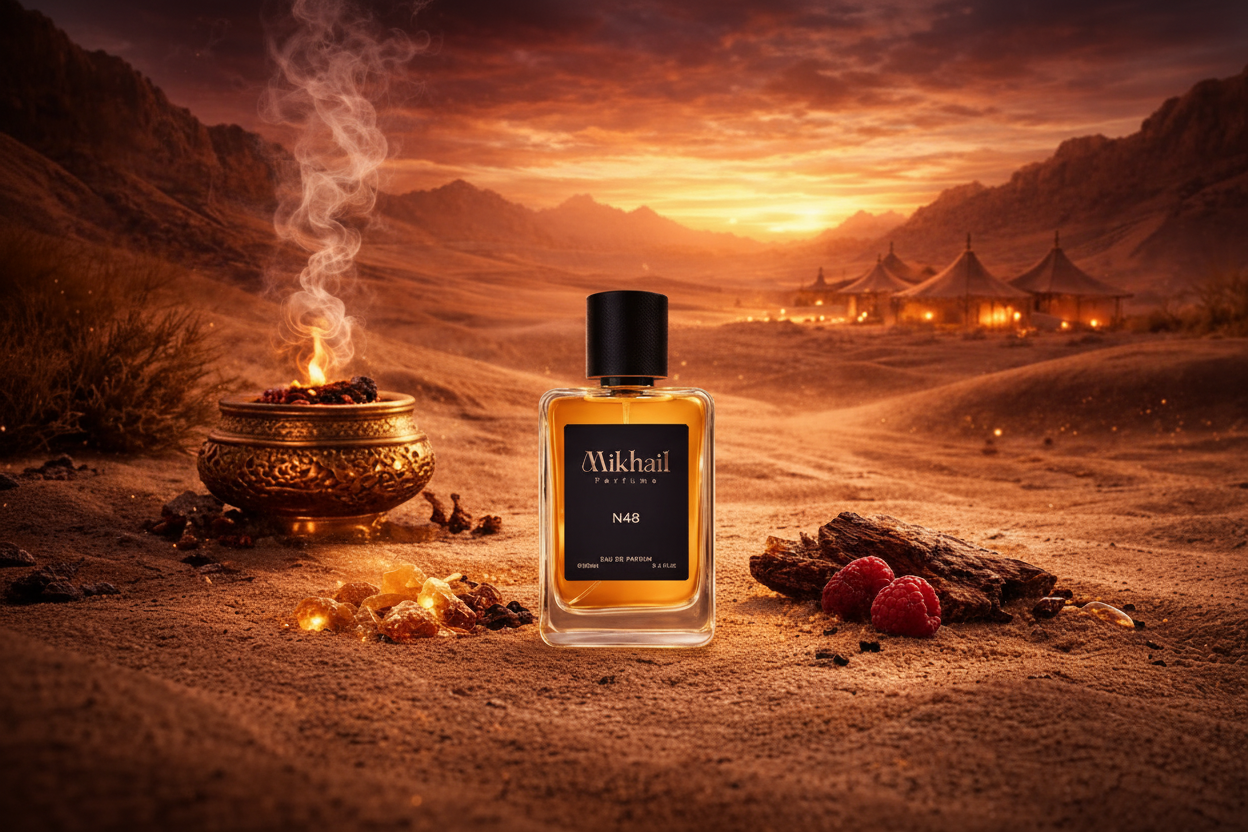 N48 by Mikhail | Lasting perfum | bottle placed in an elgant desert camp 
