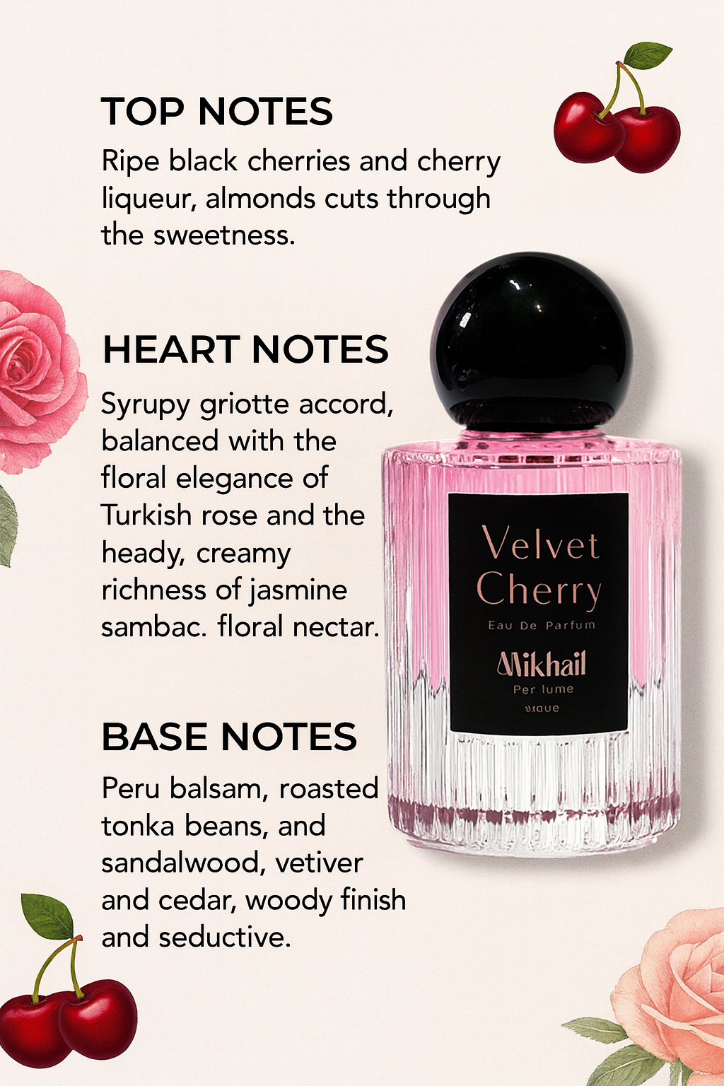 Velvet Cherry by Mikhail women’s perfume, elegant luxury bottle with rich cherry, Turkish rose, jasmine and warm notes, long-lasting Eau de Parfum. Manufactured in UAE. 