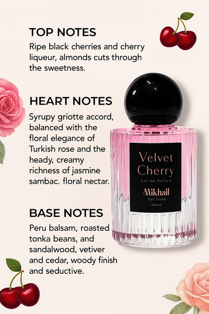 Velvet Cherry by Mikhail women’s perfume, elegant luxury bottle with rich cherry, Turkish rose, jasmine and warm notes, long-lasting Eau de Parfum. Manufactured in UAE. 
